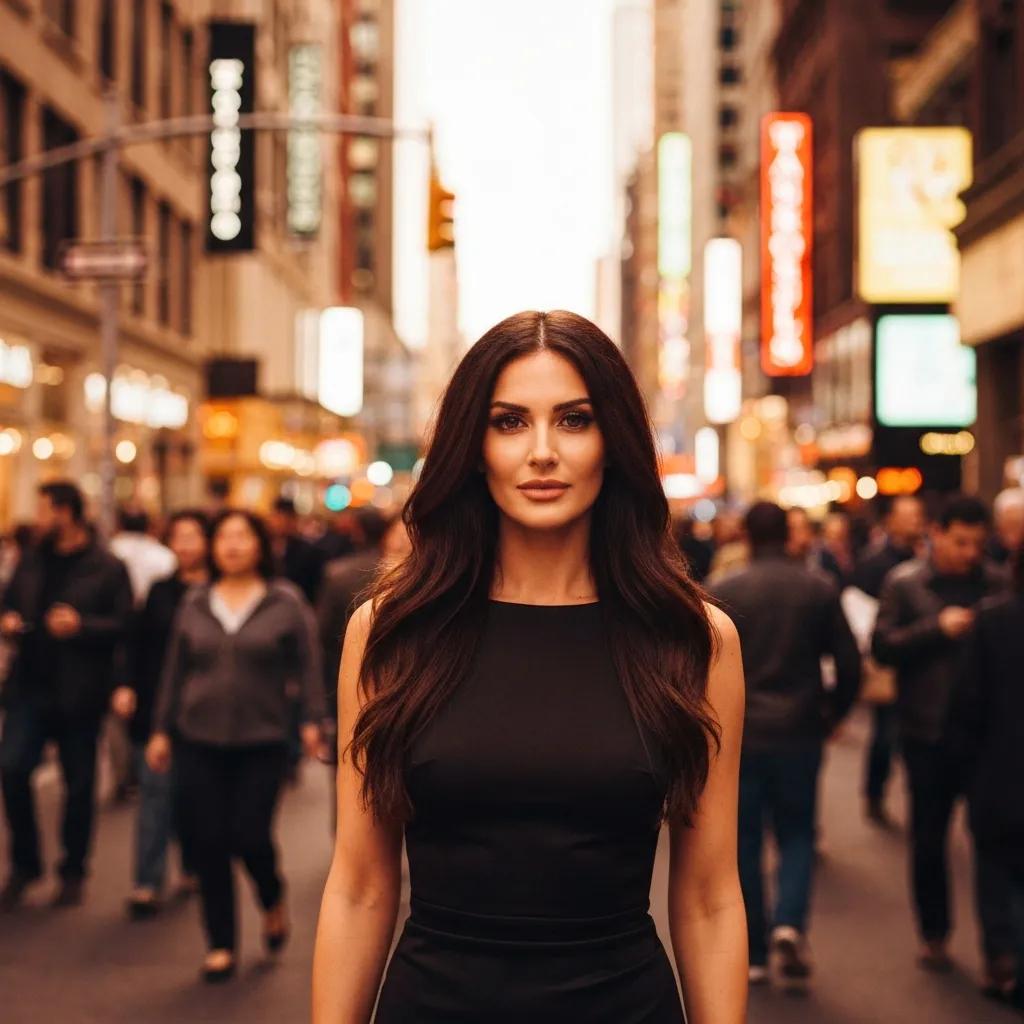 Teen girl in a black dress standing confidently in a bustling city street, surrounded by blurred pedestrians and illuminated storefronts, symbolizing connection and support in mental health discussions for adolescents.