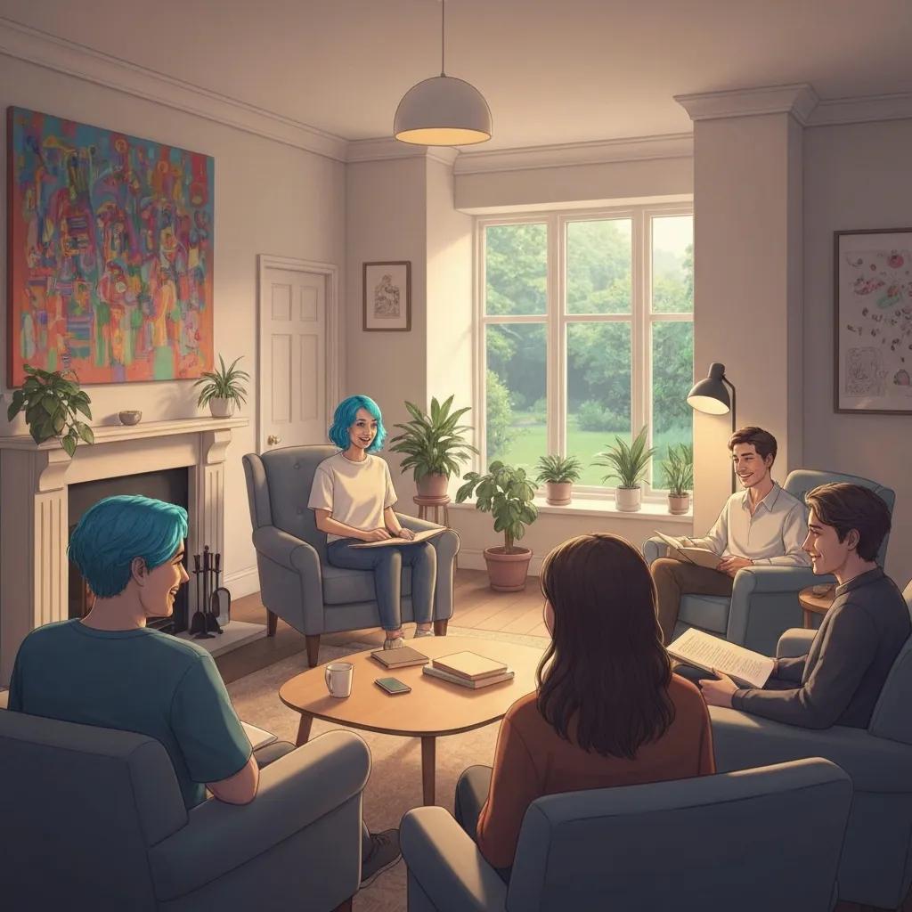 Group therapy session for young adults in addiction treatment, emphasizing support and community