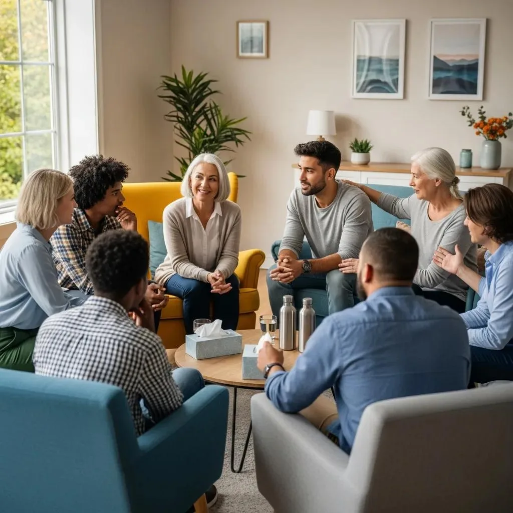 Group Therapy Session Illustrating Structured Care In A Partial Hospitalization Program, Highlighting Participant Engagement And Support