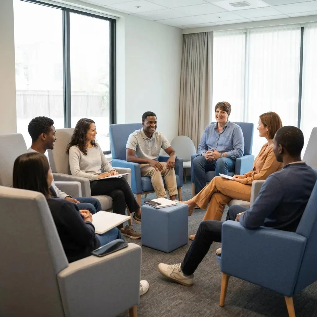 Therapeutic Group Session In A Contemporary Rehab Setting, Emphasizing Collaboration And Peer Support