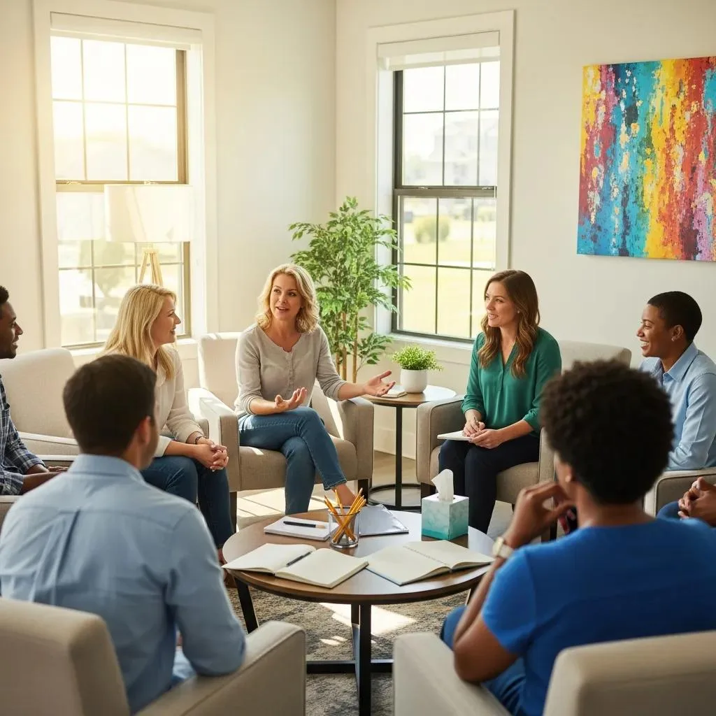 Treatment Options For Benzodiazepine Addiction Residents In A Group Therapy Session At A Residential Rehab Facility Focused On Benzodiazepine Recovery