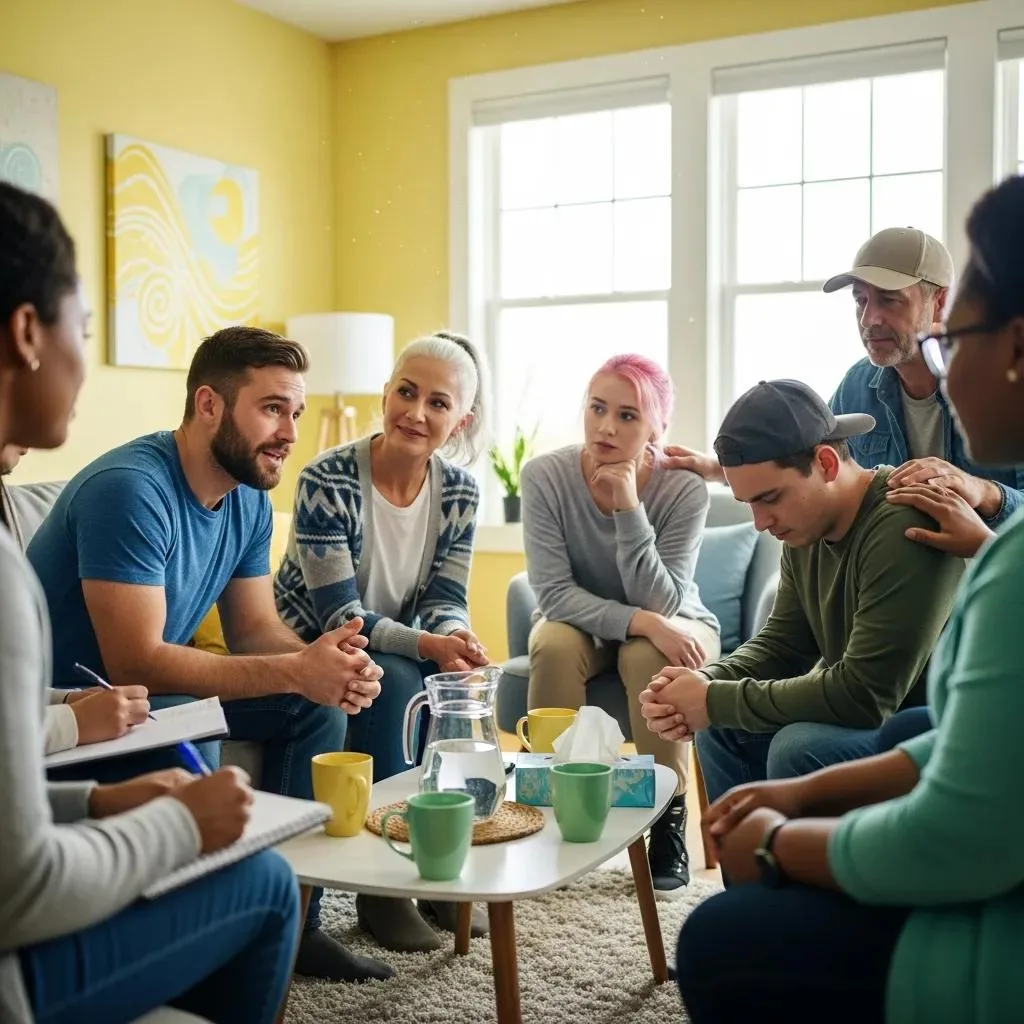 Sober Living Vs Independent Living: Post-Treatment Group Therapy Session In A Sober Living Home Highlighting Community Support And Interaction