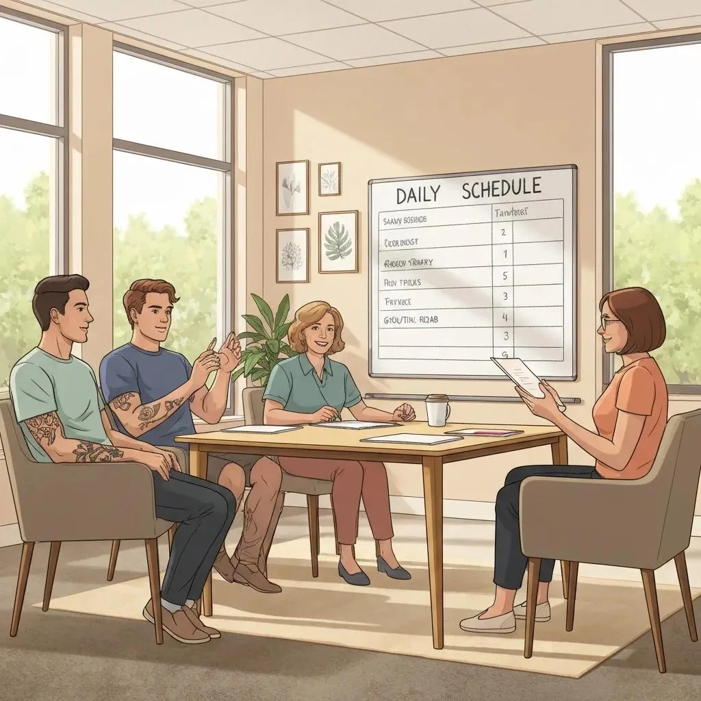 Understanding Inpatient Rehab Group therapy session in inpatient rehab, featuring participants engaged in discussion, a daily schedule on the wall, supportive environment, and a focus on structured care and community support.