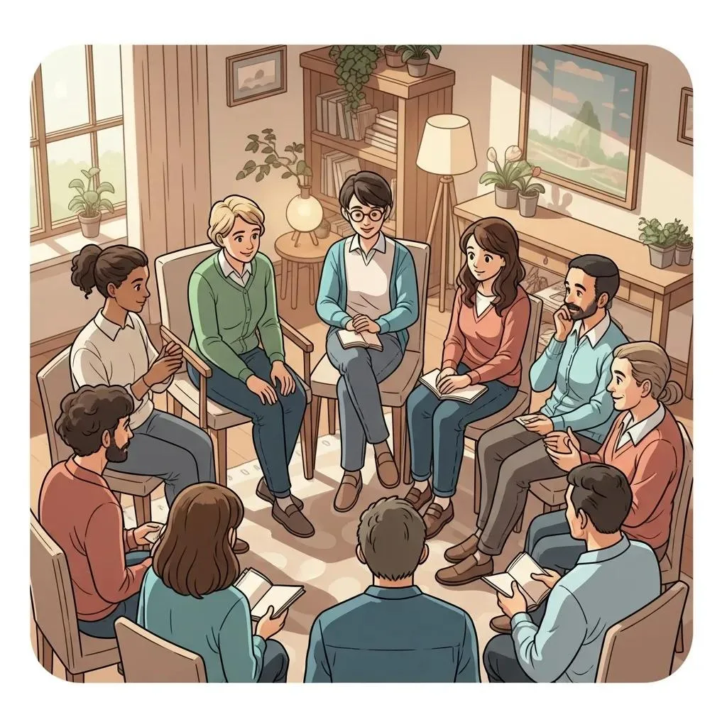 Group Therapy Session Showcasing Diverse Individuals Sharing Experiences In A Supportive Environment