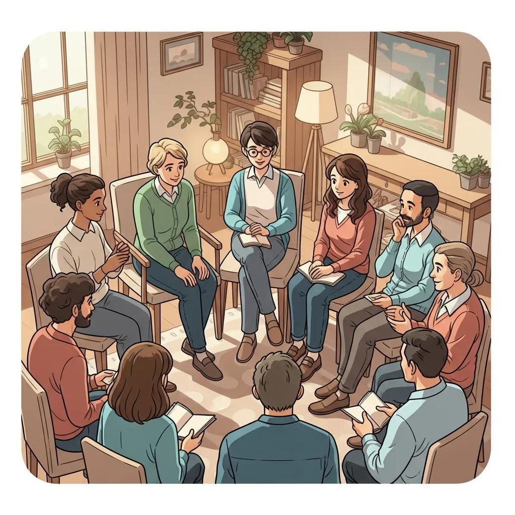 Group therapy session showcasing diverse individuals sharing experiences in a supportive environment
