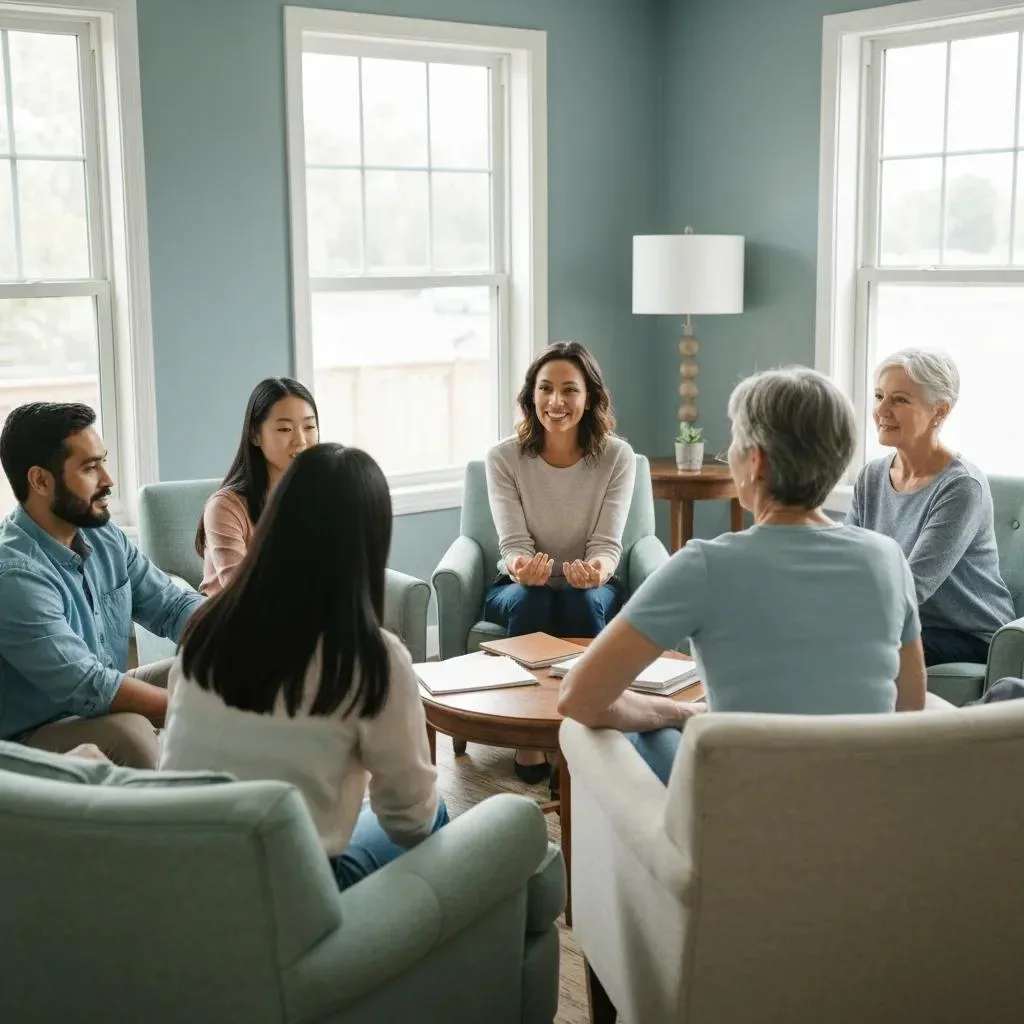 Group Therapy Session With Diverse Participants Practicing Coping Strategies For Cravings