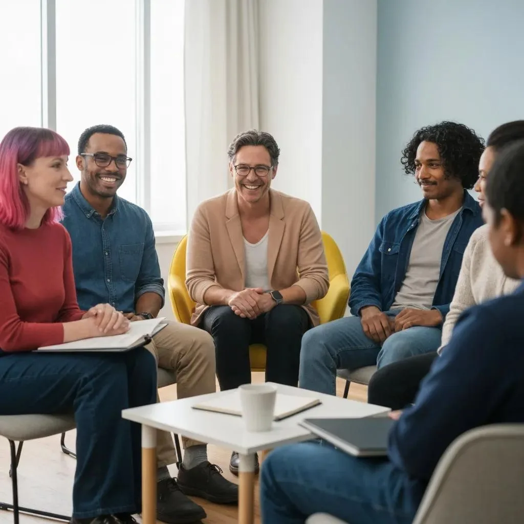 Group Therapy Session With Diverse Participants In A Supportive Discussion