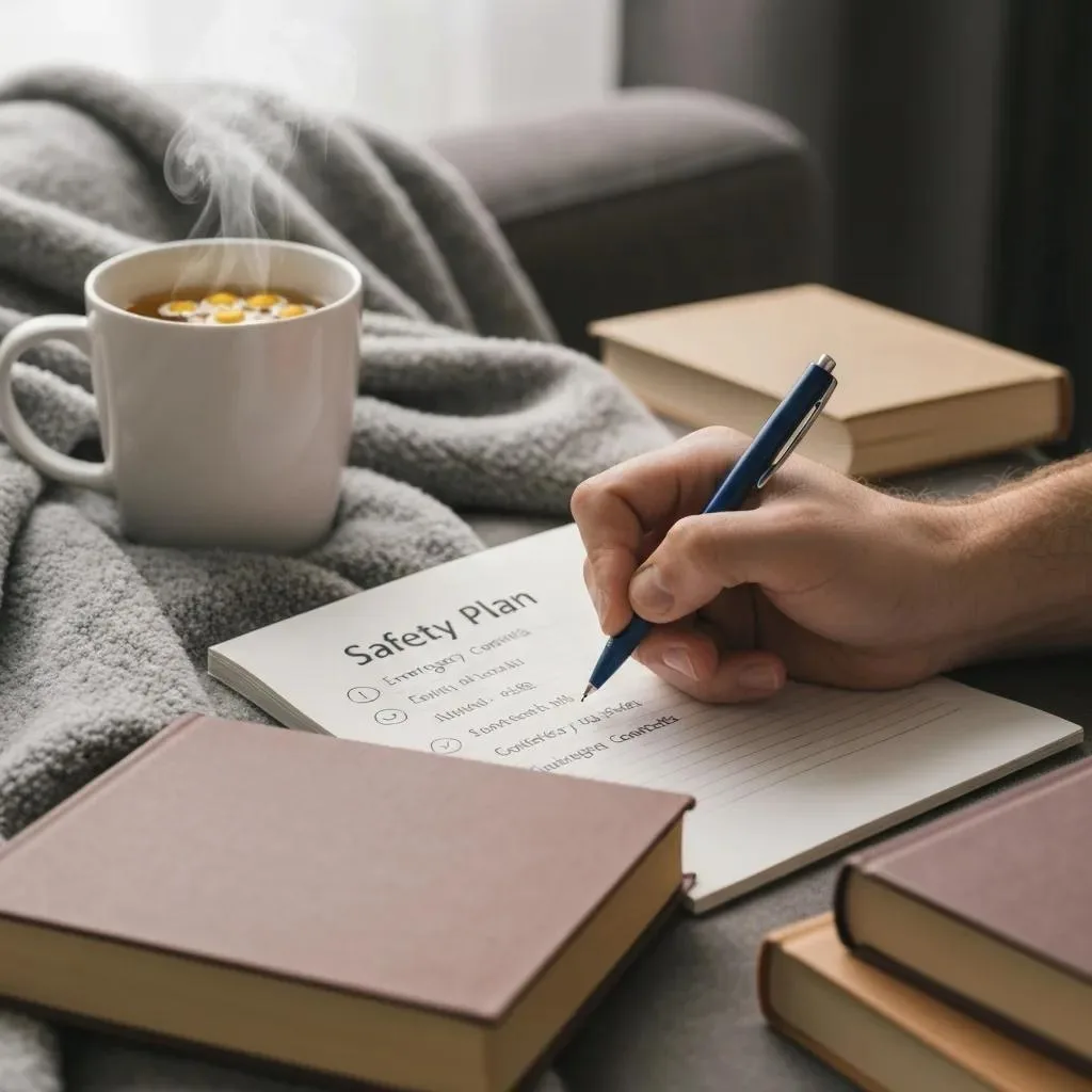 Hand writing a safety plan with a pen on a notepad, steaming cup of tea nearby, cozy blanket and books in the background, reflecting emotional support and crisis management themes related to the 988 Lifeline.