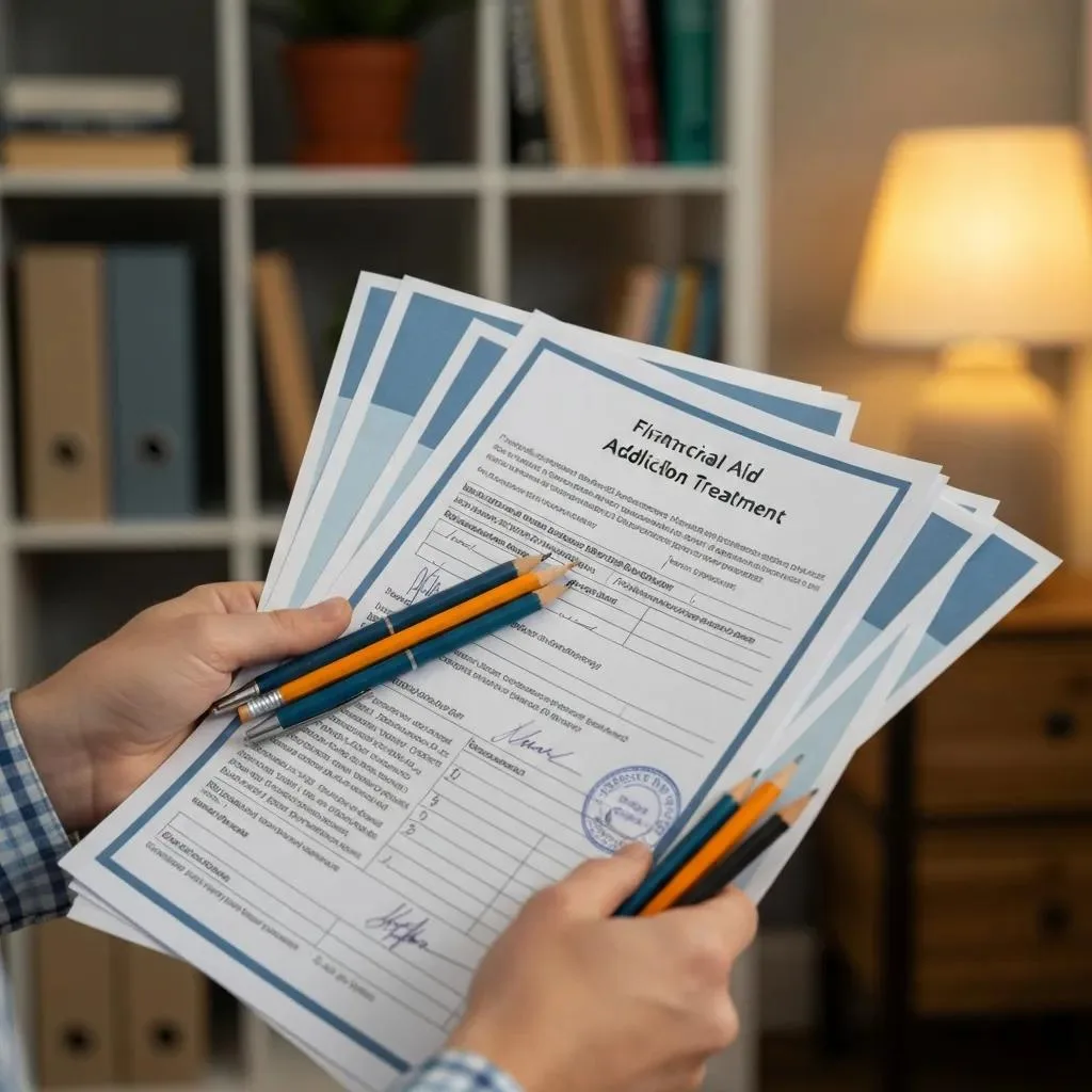 Hands holding financial aid documents for addiction treatment, featuring application forms and pens, symbolizing access to scholarships for substance use disorder care.