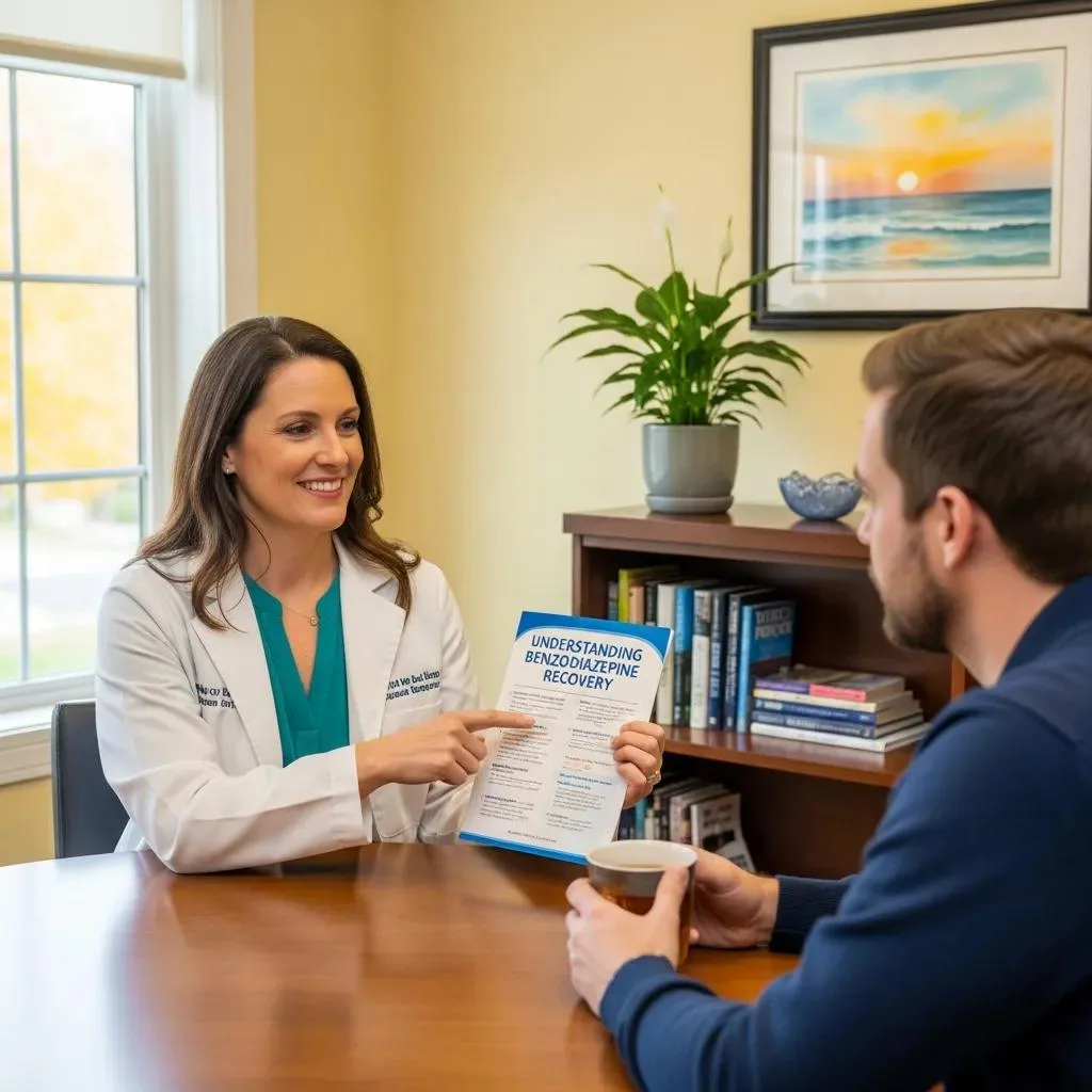 Healthcare Professional Discussing Benzodiazepine Addiction Treatment Options With A Patient In A Supportive Environment