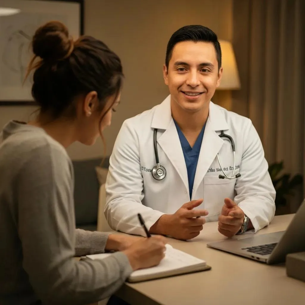 Clinician Explaining Medication Plan To A Patient In A Calm Clinic Setting, Highlighting Collaboration And Safety