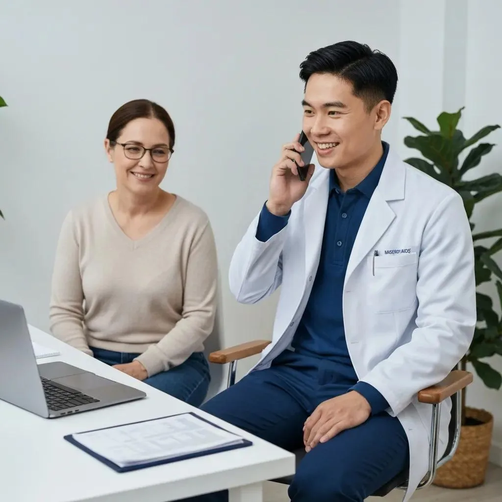 Healthcare provider assisting a patient with insurance verification in a modern office setting, emphasizing collaboration for addiction treatment access.