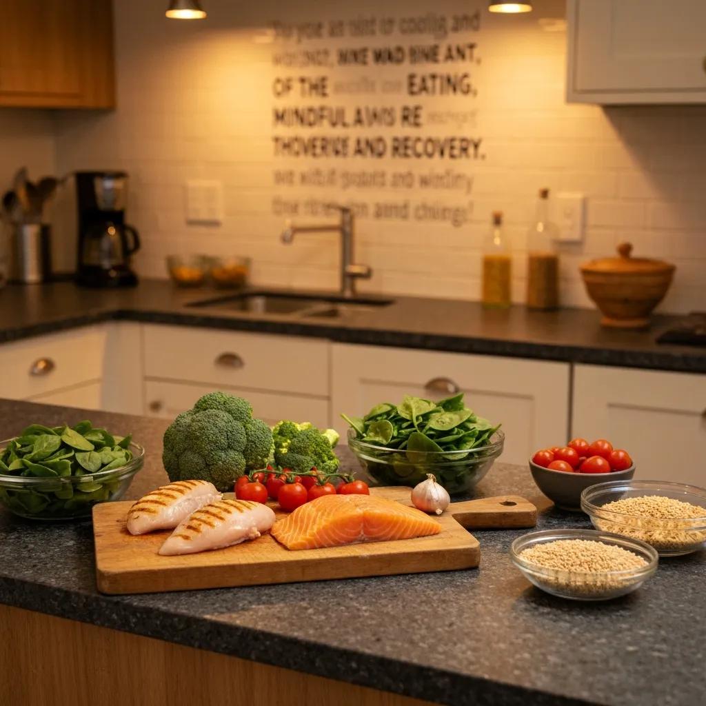 Healthy meal prep ingredients for addiction recovery including fresh vegetables, lean proteins, and whole grains