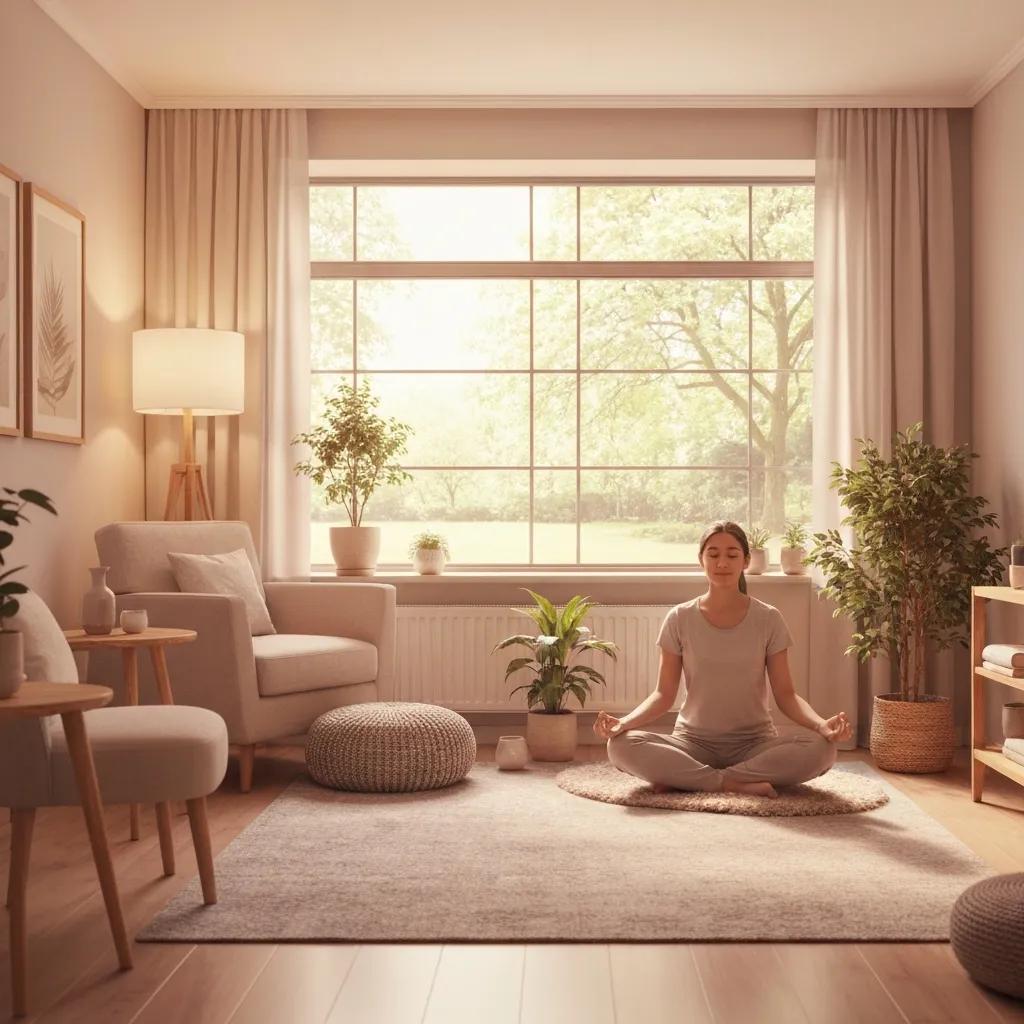 Holistic addiction treatment environment with a person meditating in a calming therapy room