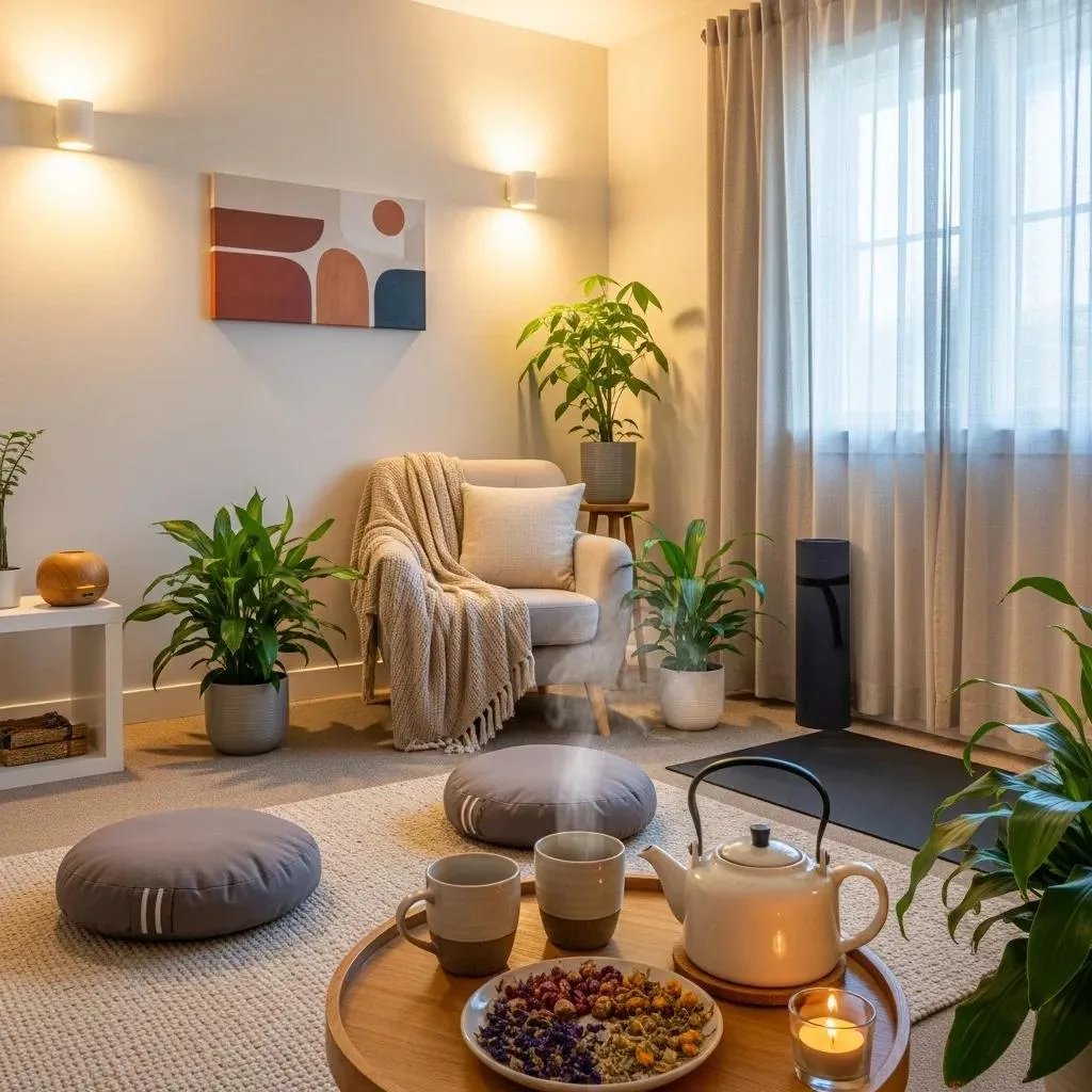 Holistic Treatment Environment With Yoga Mat, Meditation Cushions, And Herbal Teas