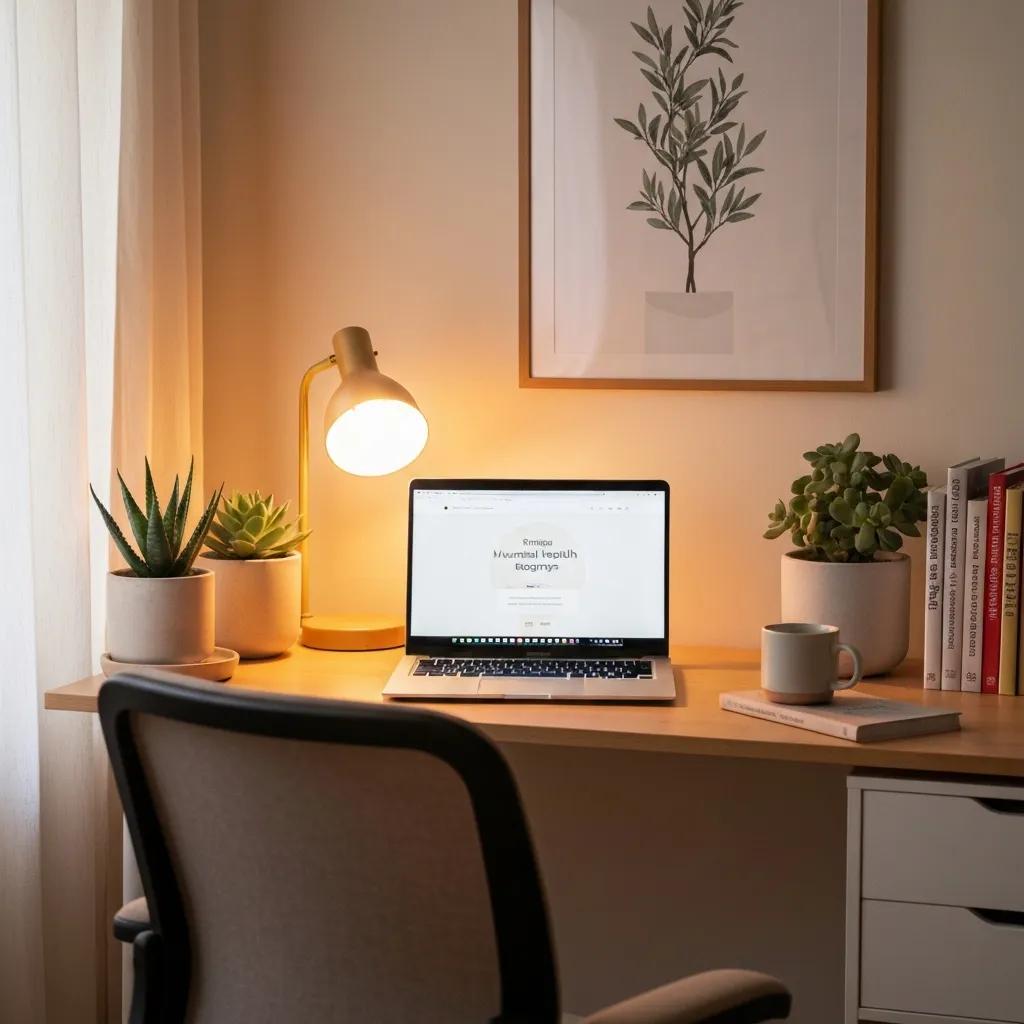 Home office setup featuring a laptop displaying mental health resources, surrounded by potted plants, a desk lamp, and a coffee mug, emphasizing comfort and accessibility in mental health support.