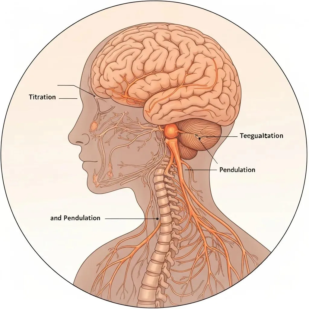 Somatic Experiencing Therapy Illustration of the human nervous system highlighting techniques of Somatic Experiencing therapy, including titration and pendulation, demonstrating their role in regulating trauma responses.