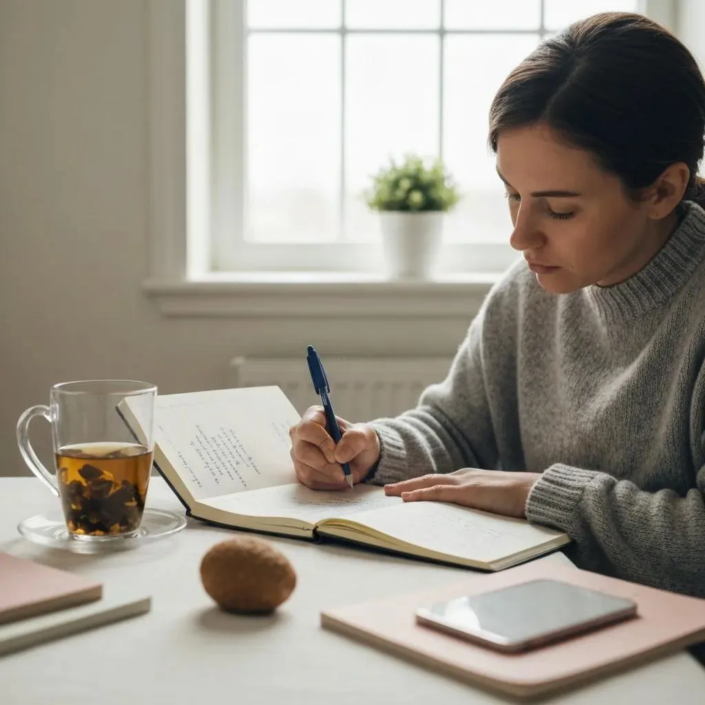 Recognizing Relapse Triggers Woman journaling about relapse triggers in a cozy environment, emphasizing self-reflection in recovery, with a cup of tea and a smartphone on the table.