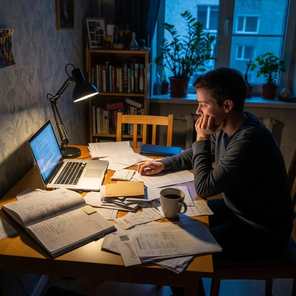 Sober Living Vs Independent Living: Post-Treatment Individual Managing Bills In A Private Apartment, Illustrating The Challenges Of Independent Living