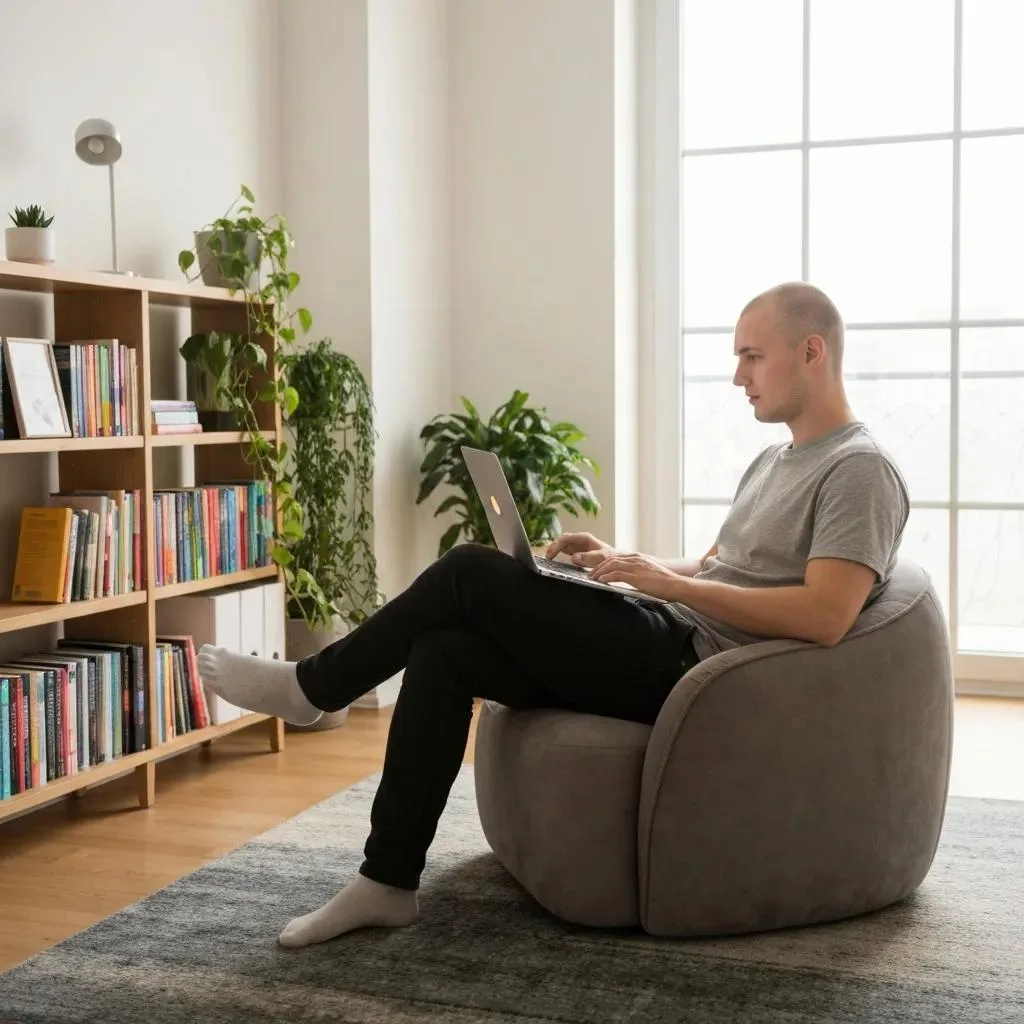 Flexible Mental Health Therapy Individual participating in virtual therapy session at home, using laptop in cozy living space with bookshelves and plants, illustrating flexible mental health treatment options.