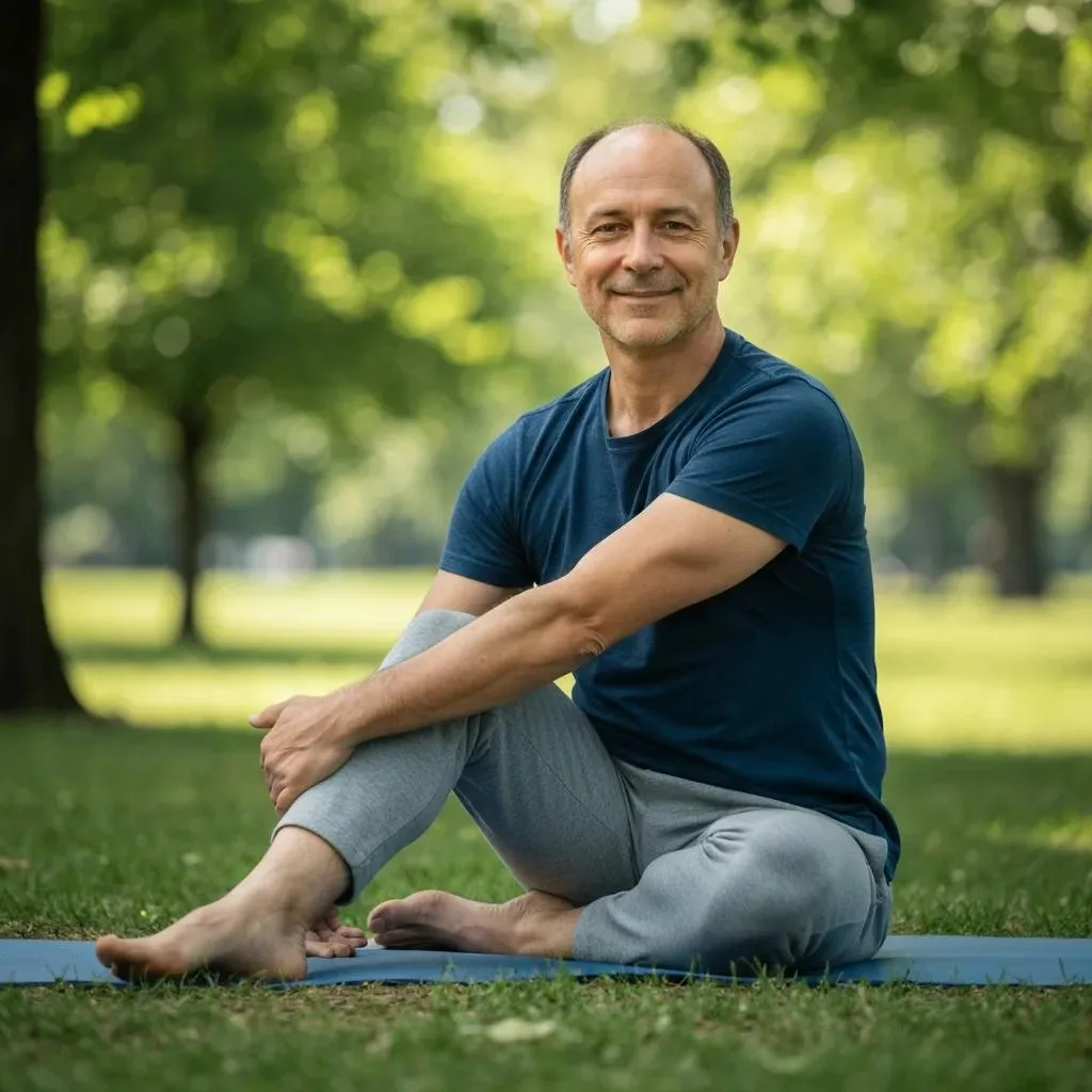 Man practicing restorative yoga outdoors, demonstrating emotional regulation and stress relief techniques, surrounded by greenery.