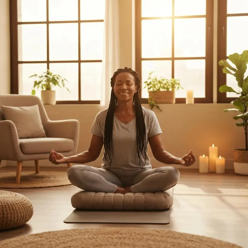 Person Practicing Stress-Reduction Techniques Indoors To Support Long-Term Mental Health