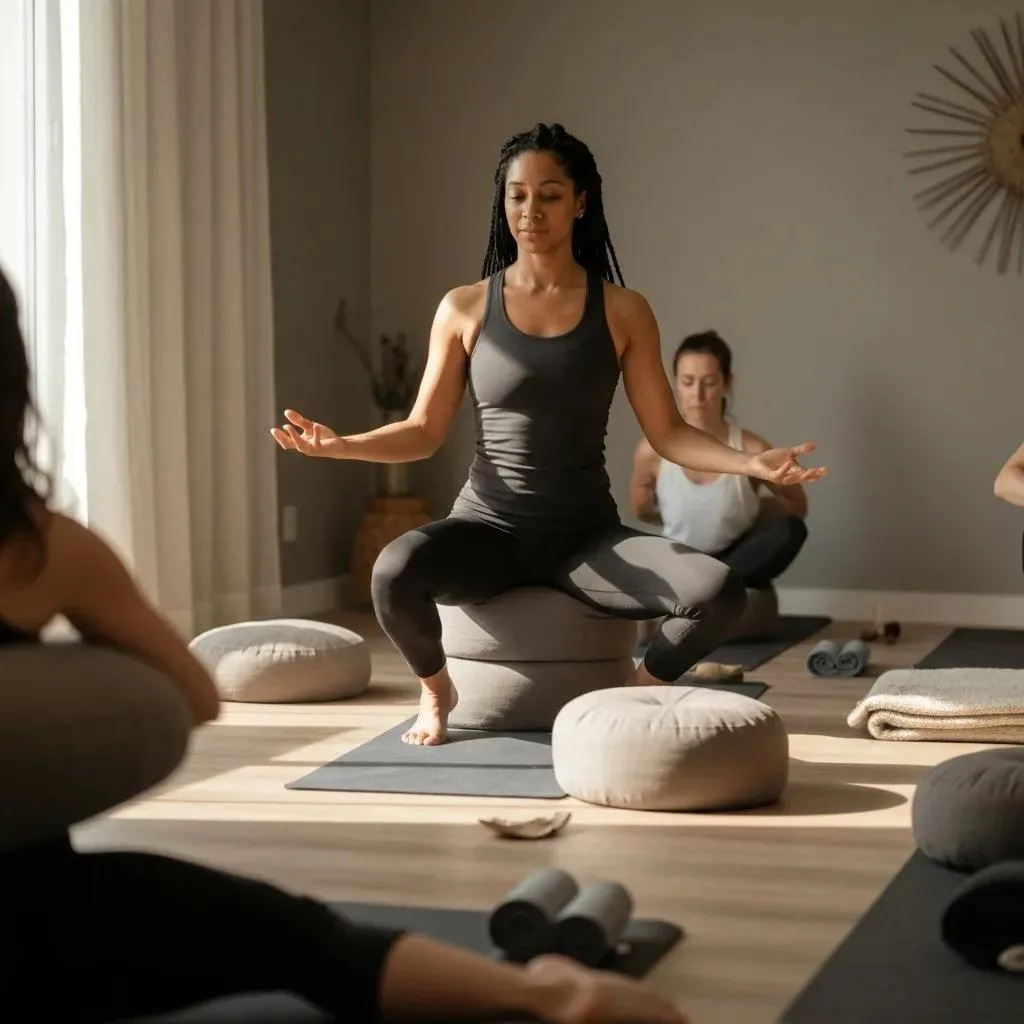 Instructor leading a trauma-informed yoga class, emphasizing safety and support, participants seated on yoga mats with props, serene indoor setting, focus on breathwork and mindfulness.