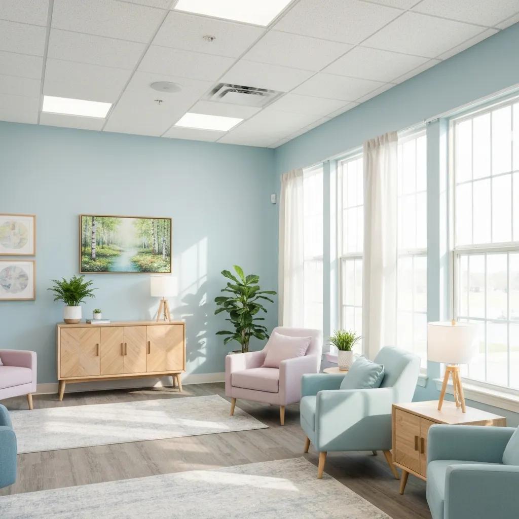 Inviting outpatient rehab center therapy room with calming decor and comfortable seating