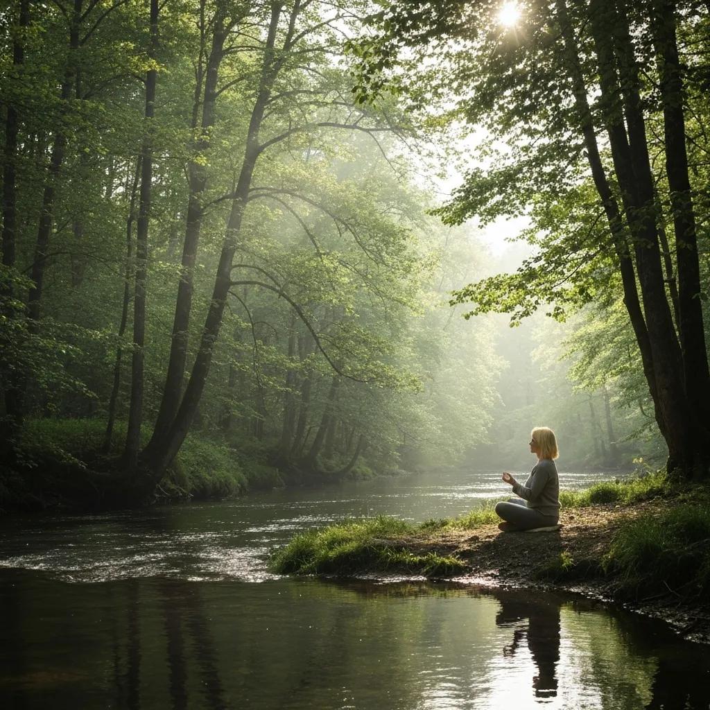 Lush green forest with sunlight, person meditating by a river, representing nature therapy for mental health