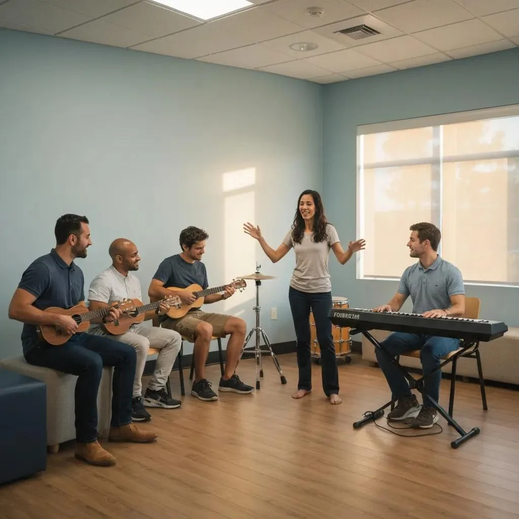Using Music For Mental Health Music Therapy Session In Recovery, Emphasizing Community And Healing Through Music