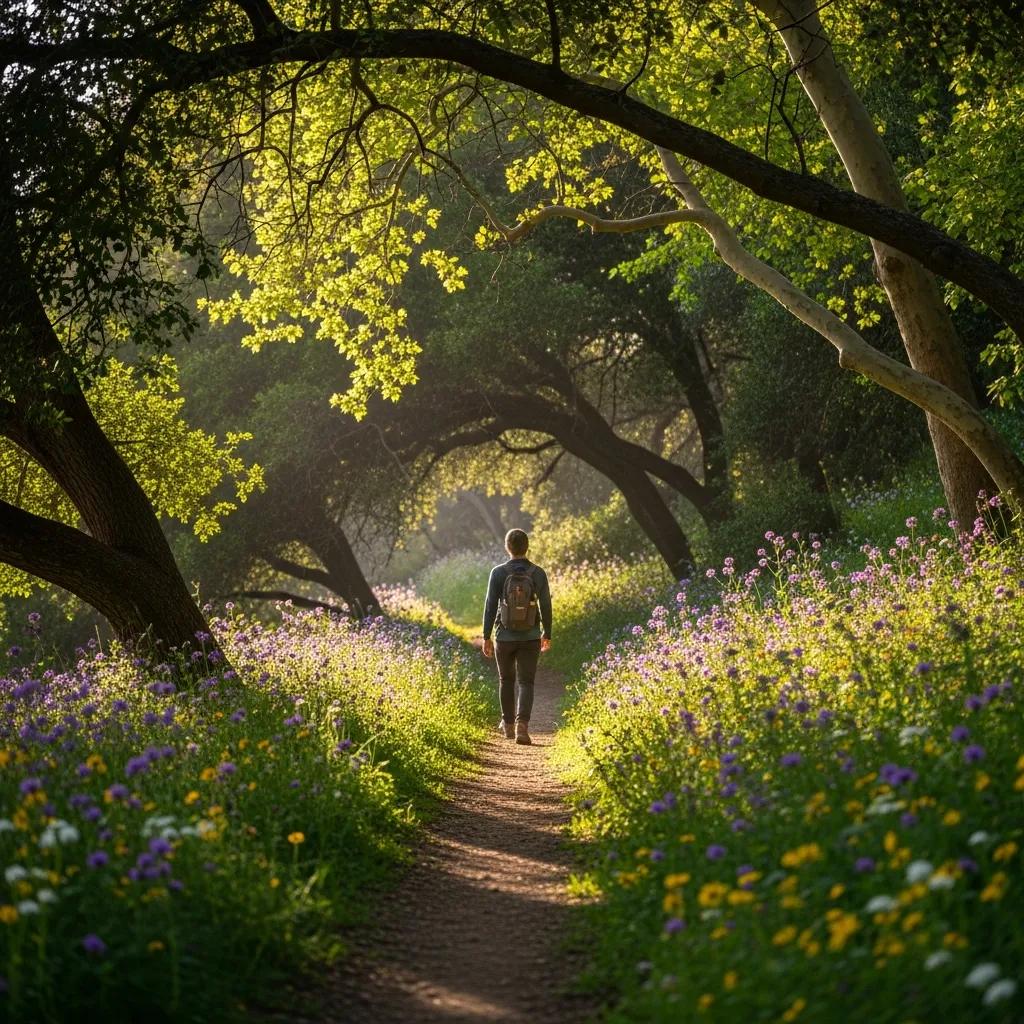 Nature Trail In Woodland Hills With A Person Walking, Illustrating Outdoor Activities For Mental Health Recovery