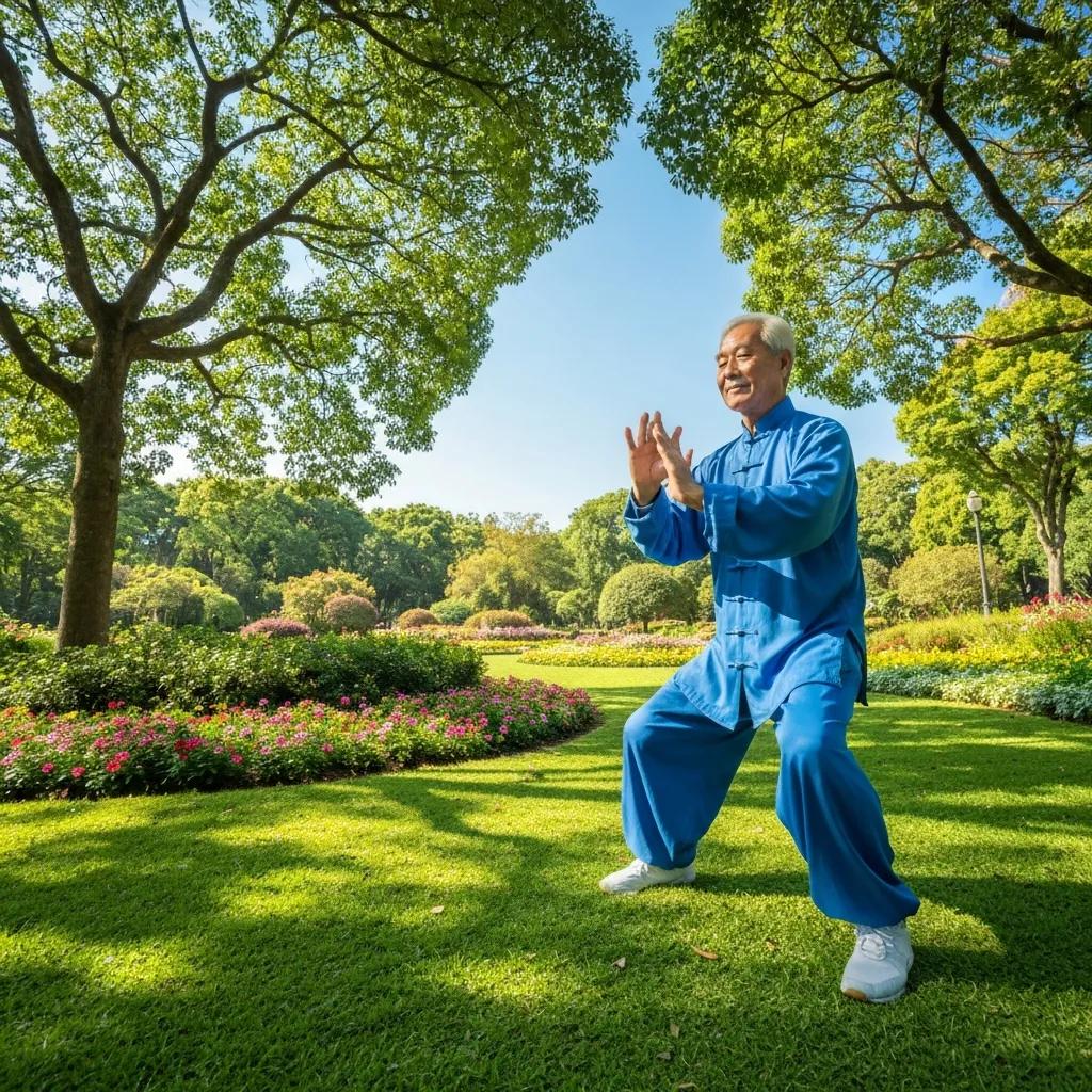 Senior Anxiety Treatment Older Adult Practicing Gentle Tai Chi Outdoors As A Lifestyle Step To Ease Anxiety