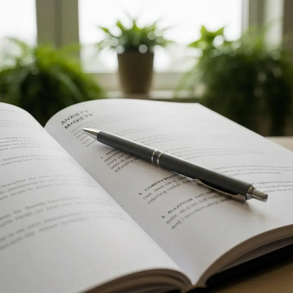 An Open Anxiety Workbook With A Pen On A Calm Surface, Inviting Quick Practice And Learning