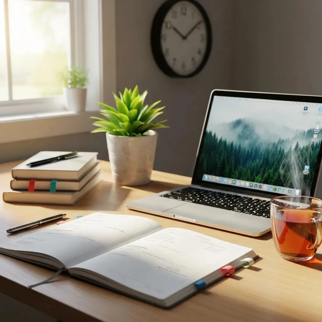 Organized Workspace With A Planner And Laptop, Symbolizing Effective Time Management For Students