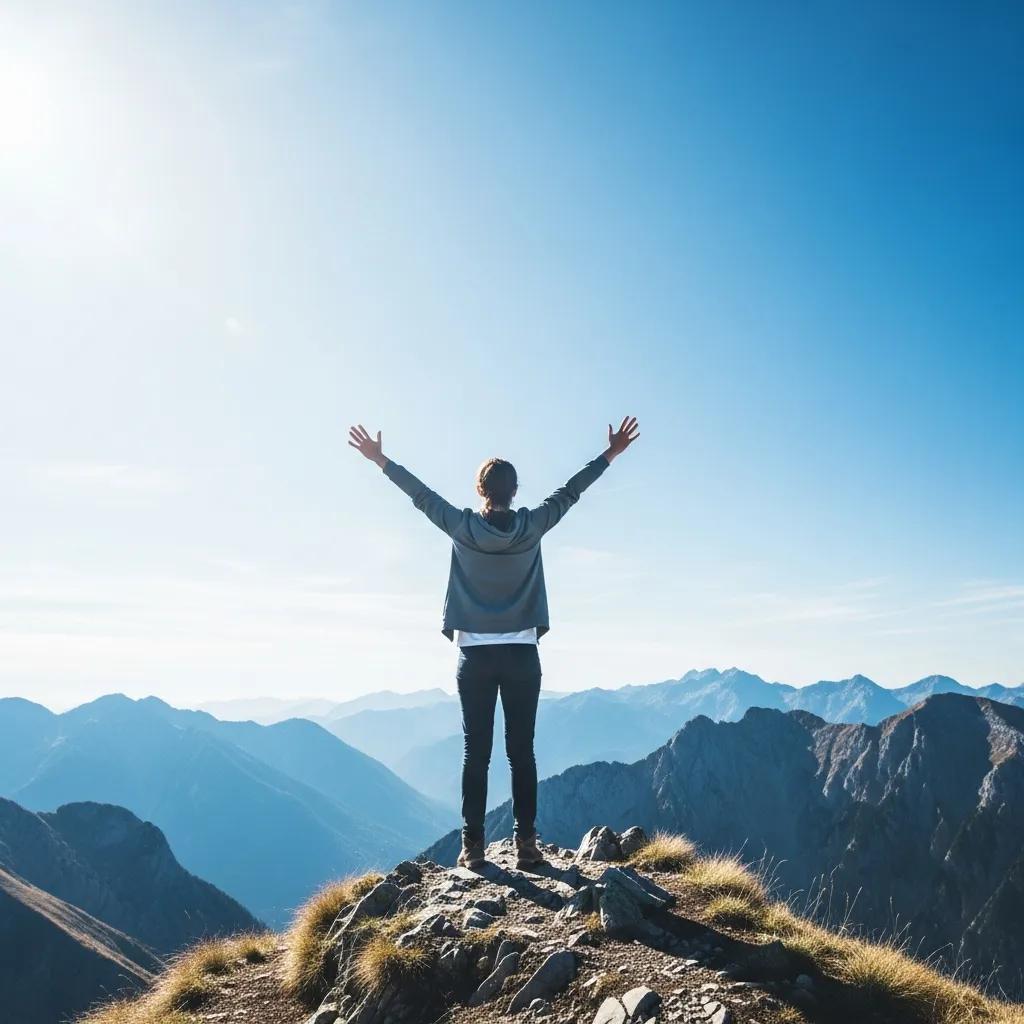 Person celebrating recovery on a mountain peak, symbolizing purpose and hope in sobriety
