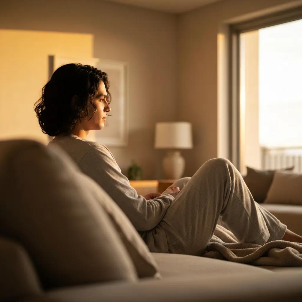 Person experiencing opioid withdrawal symptoms in a supportive home environment