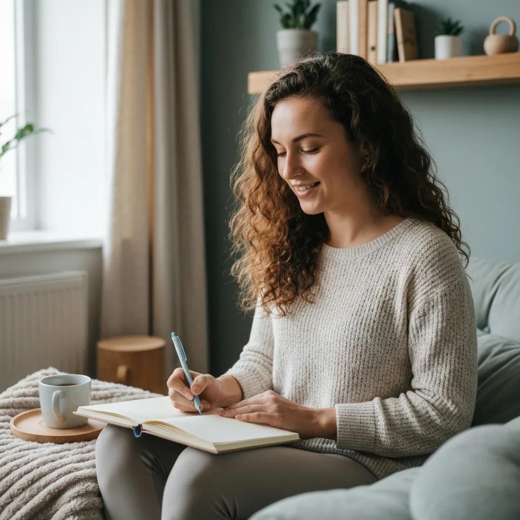 Person journaling in a cozy space, symbolizing self-reflection and self-esteem improvement, with a cup of tea and a serene atmosphere.