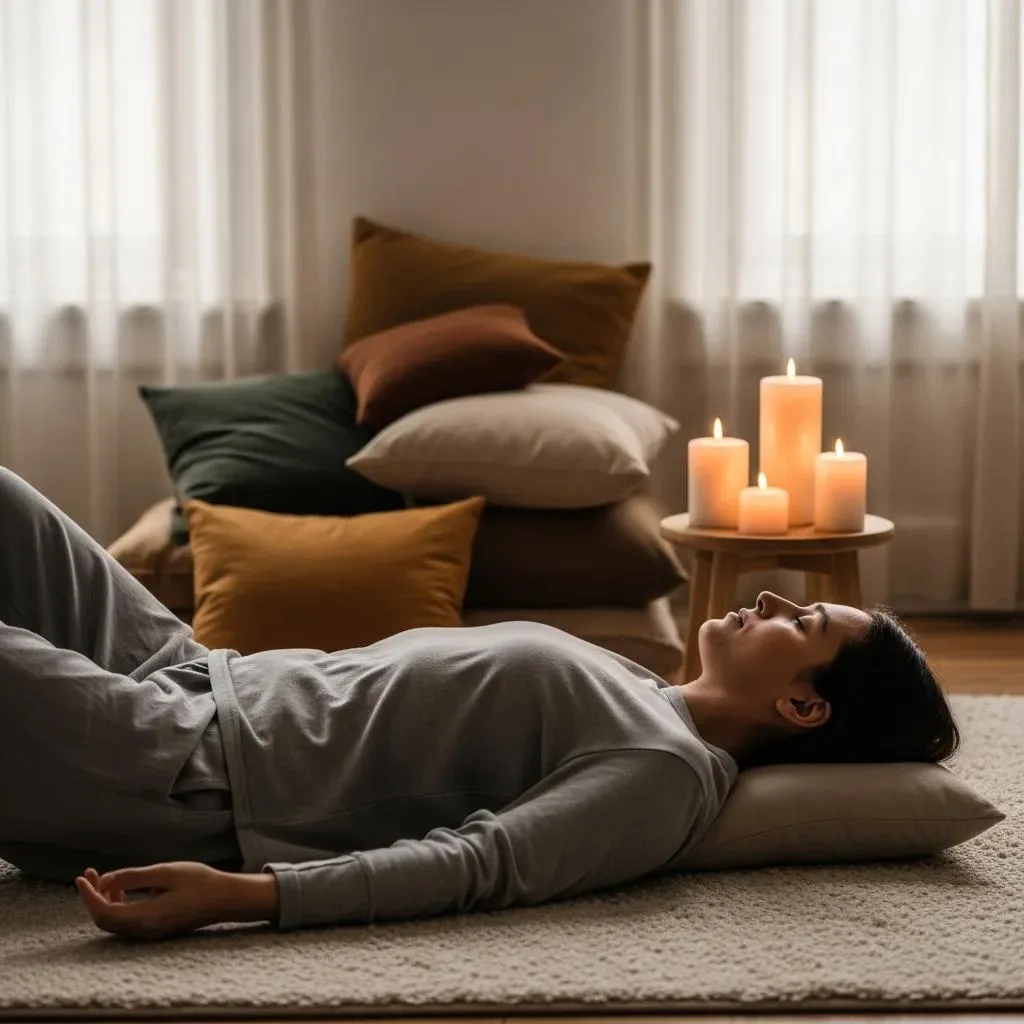 Person Lying Down In A Comfortable Position, Practicing Body Scan Meditation For Emotional Regulation