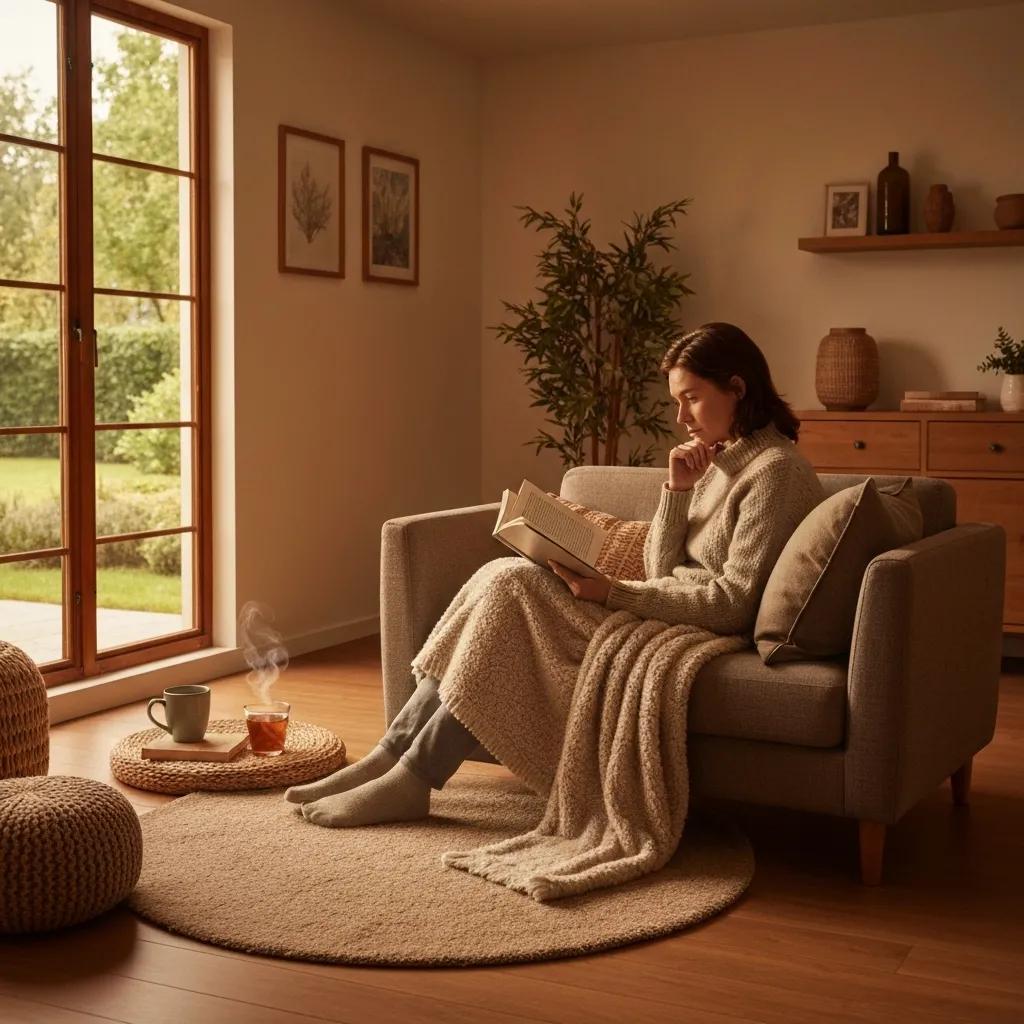 Person managing mental health medication in a cozy living room, emphasizing self-care and medication adherence