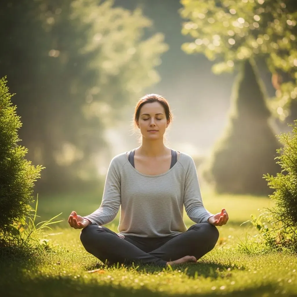 Person Meditating In A Peaceful Outdoor Setting, Surrounded By Nature, Promoting Relaxation And Mindfulness
