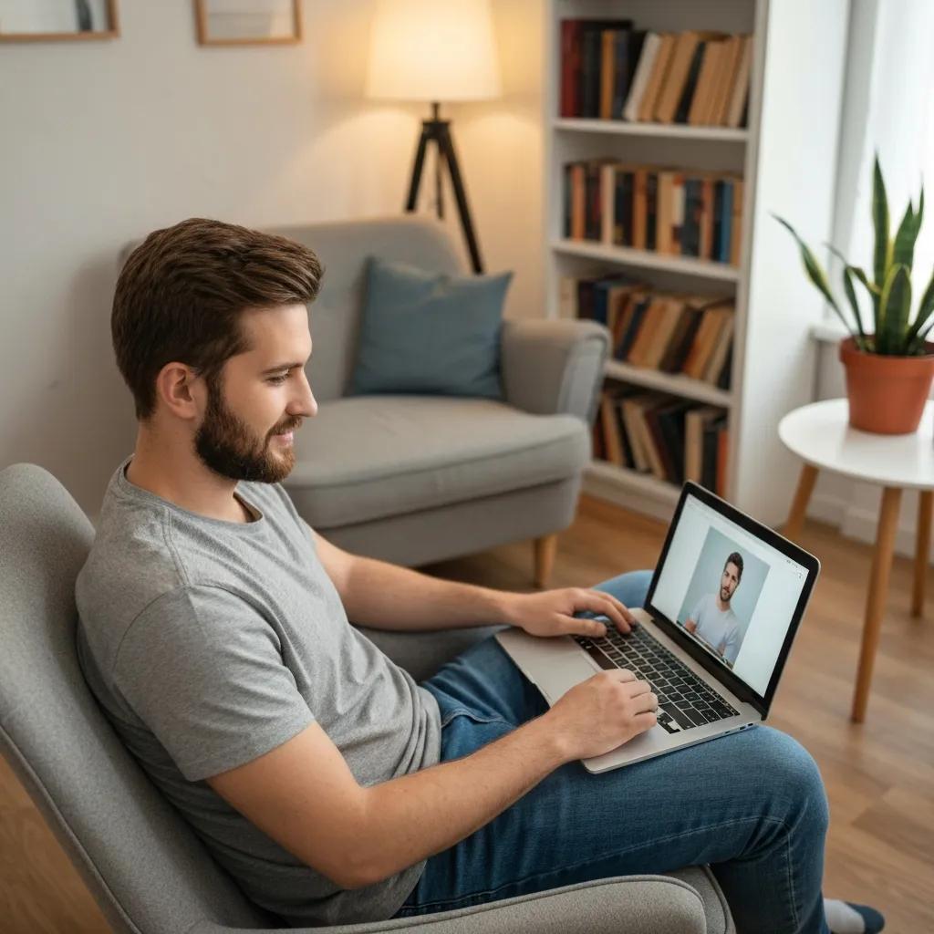 Person participating in a virtual therapy session at home, emphasizing comfort and accessibility in mental health support, using a laptop in a cozy living room setting.