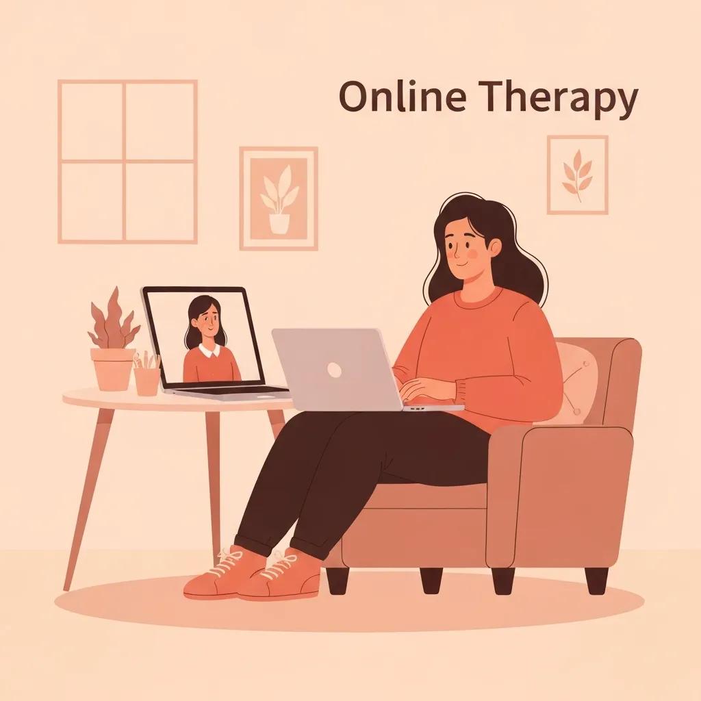 Person engaged in online therapy session, using laptop in cozy setting with supportive decor, illustrating virtual counseling.