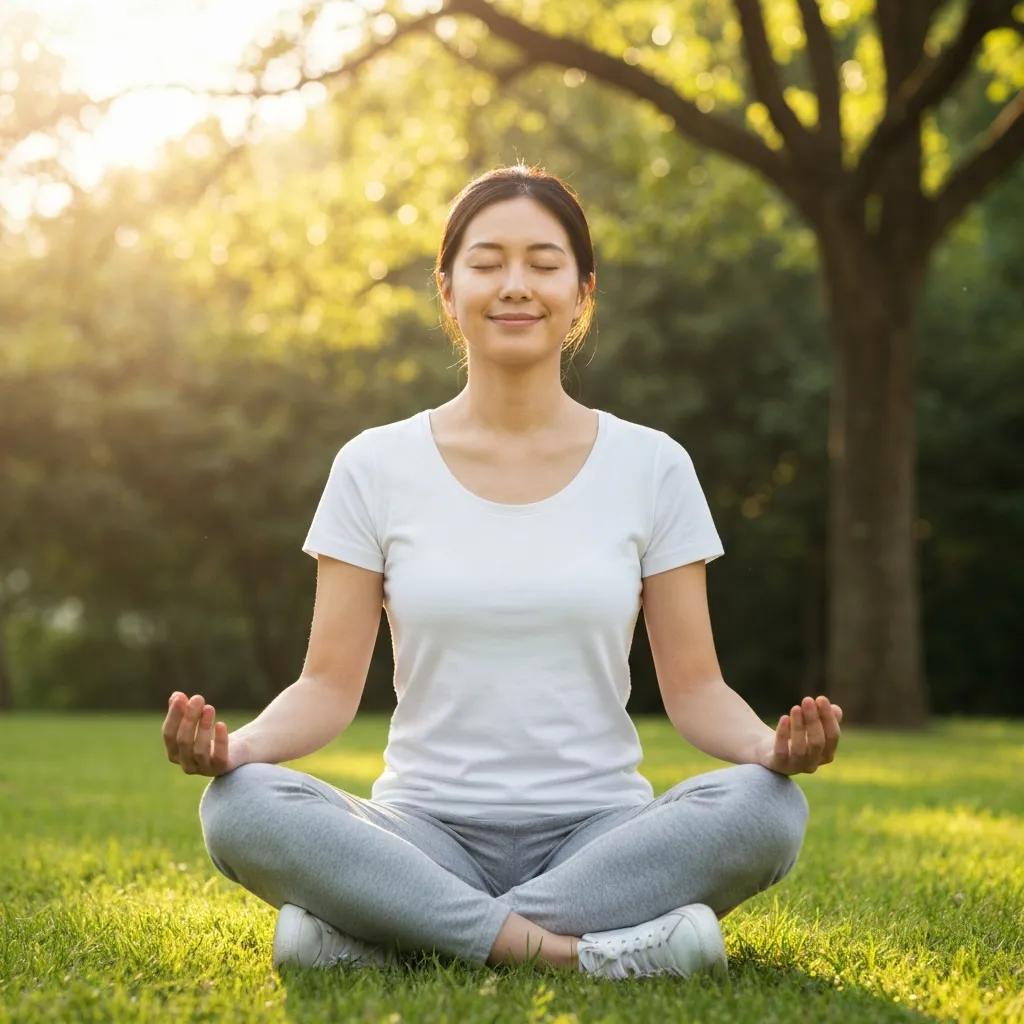 Person practicing deep breathing exercises in a peaceful outdoor setting, promoting relaxation and stress relief