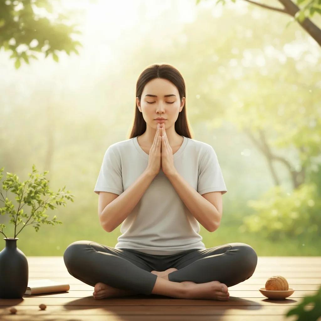 Person practicing deep breathing in a tranquil setting, promoting anger management techniques