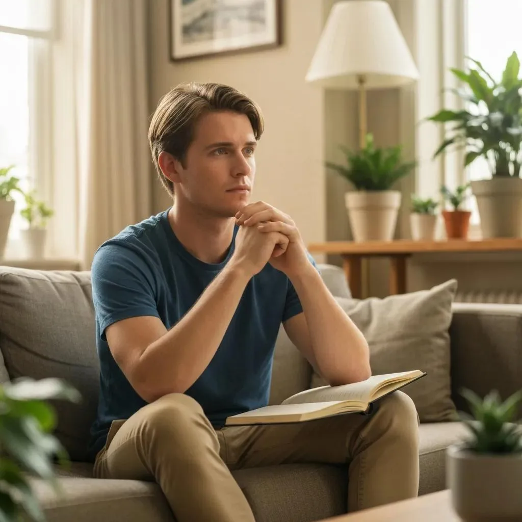 Recognizing Relapse Triggers Young man practicing mindfulness while reflecting on recovery strategies in a serene indoor setting, symbolizing hope in addiction recovery.