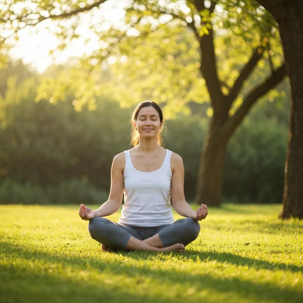 Person practicing mindfulness meditation outdoors in a serene natural setting, surrounded by greenery, illustrating techniques for stress reduction and emotional regulation.