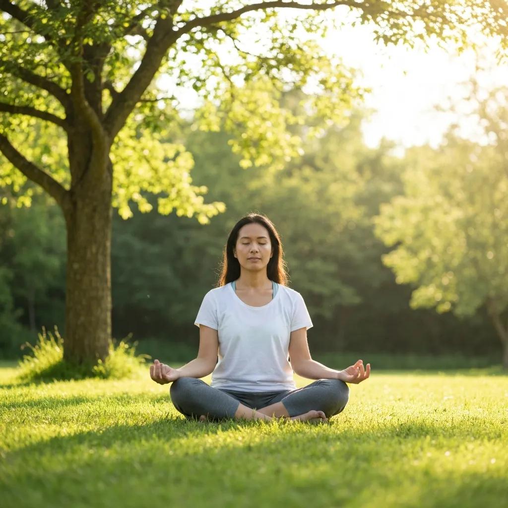 Person practicing mindfulness meditation outdoors in a serene natural setting, promoting mental health and well-being.
