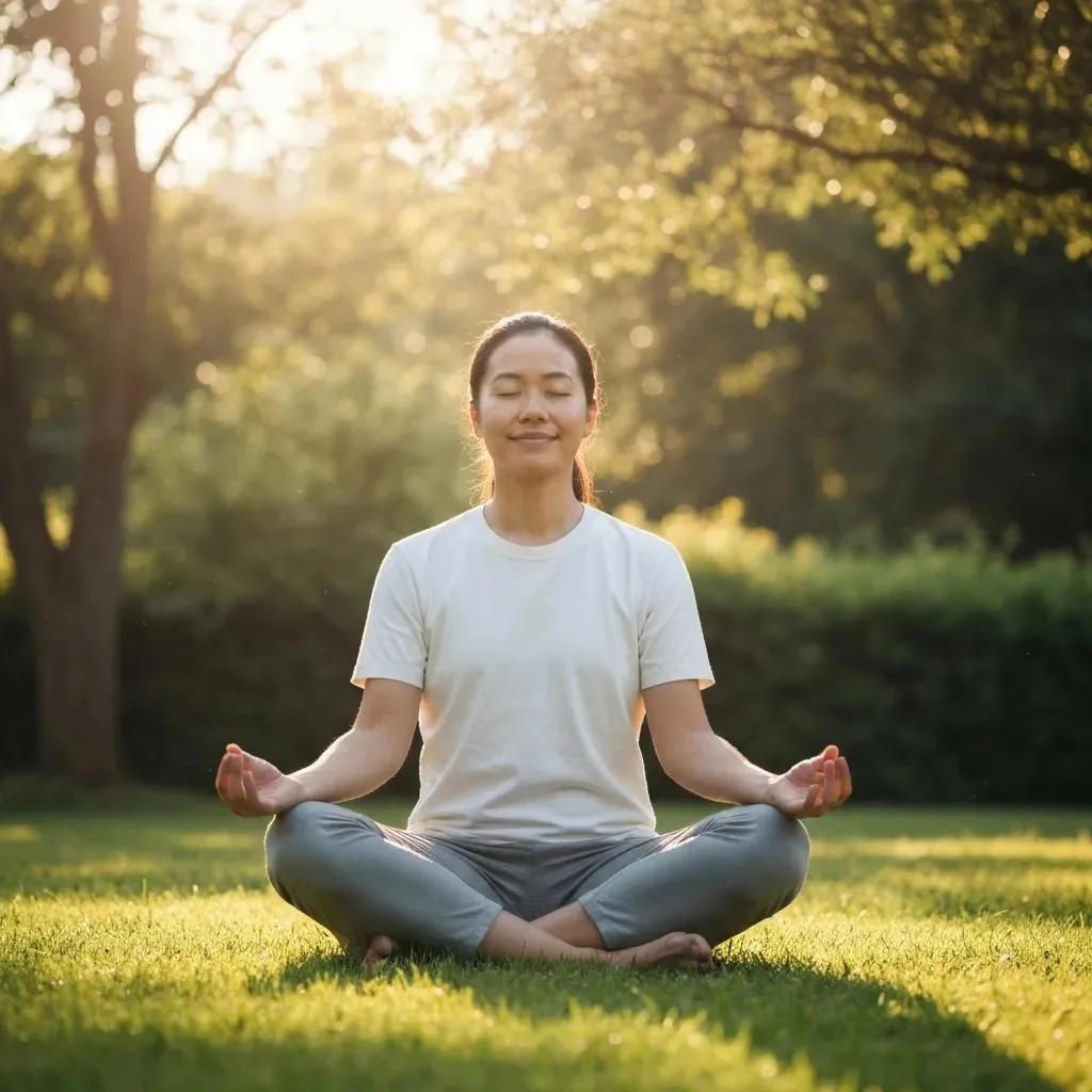 Person practicing mindfulness outdoors in a serene setting, promoting mental well-being and self-care.