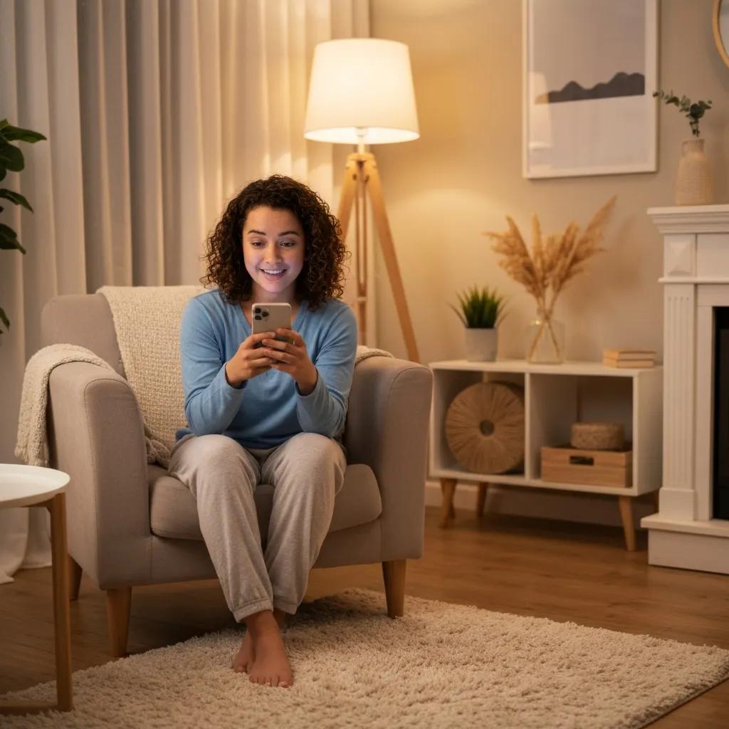 Person using a smartphone for text-based crisis support in a cozy living room setting, emphasizing accessibility and comfort for mental health assistance.