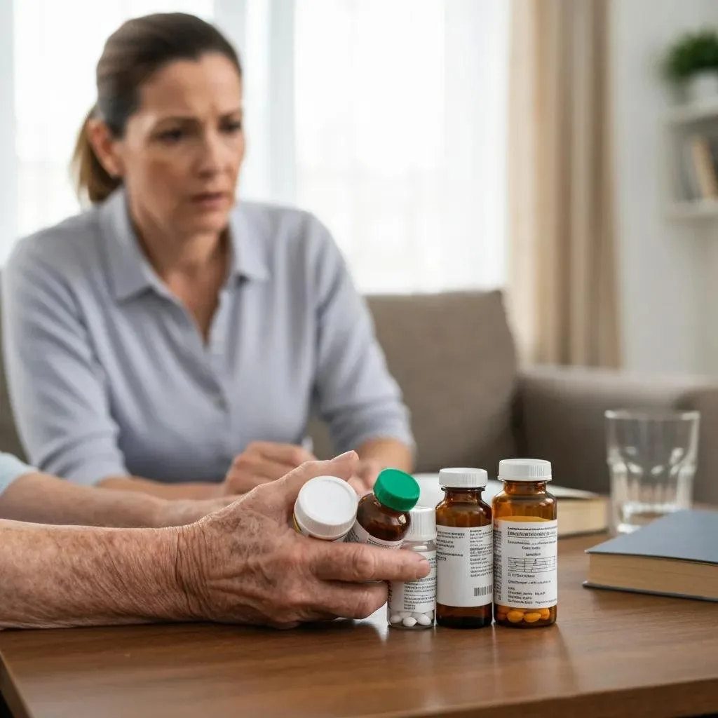 Older Adult Organizing Multiple Prescription Medications With Family Support